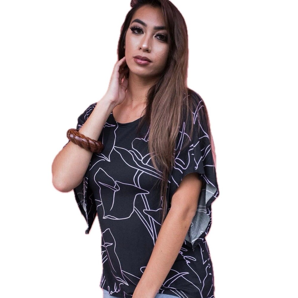 Simply Sisters Lola Hawaiian Floral Contour Anthuriums Shark Bite Hem Blouse M